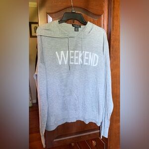 "Weekend" white & grey sweater. Hooded with drawstring and side slits